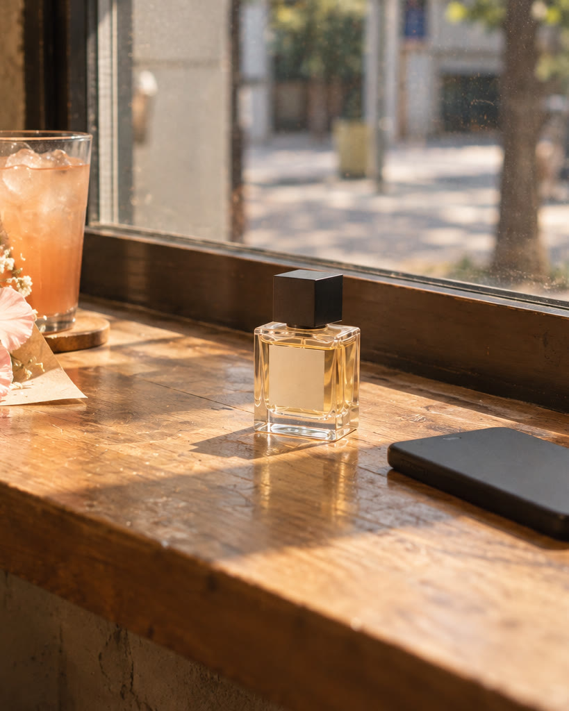 昼の窓辺のカウンター。花束とソーダ、伏せたスマートフォンの横に香水の瓶。