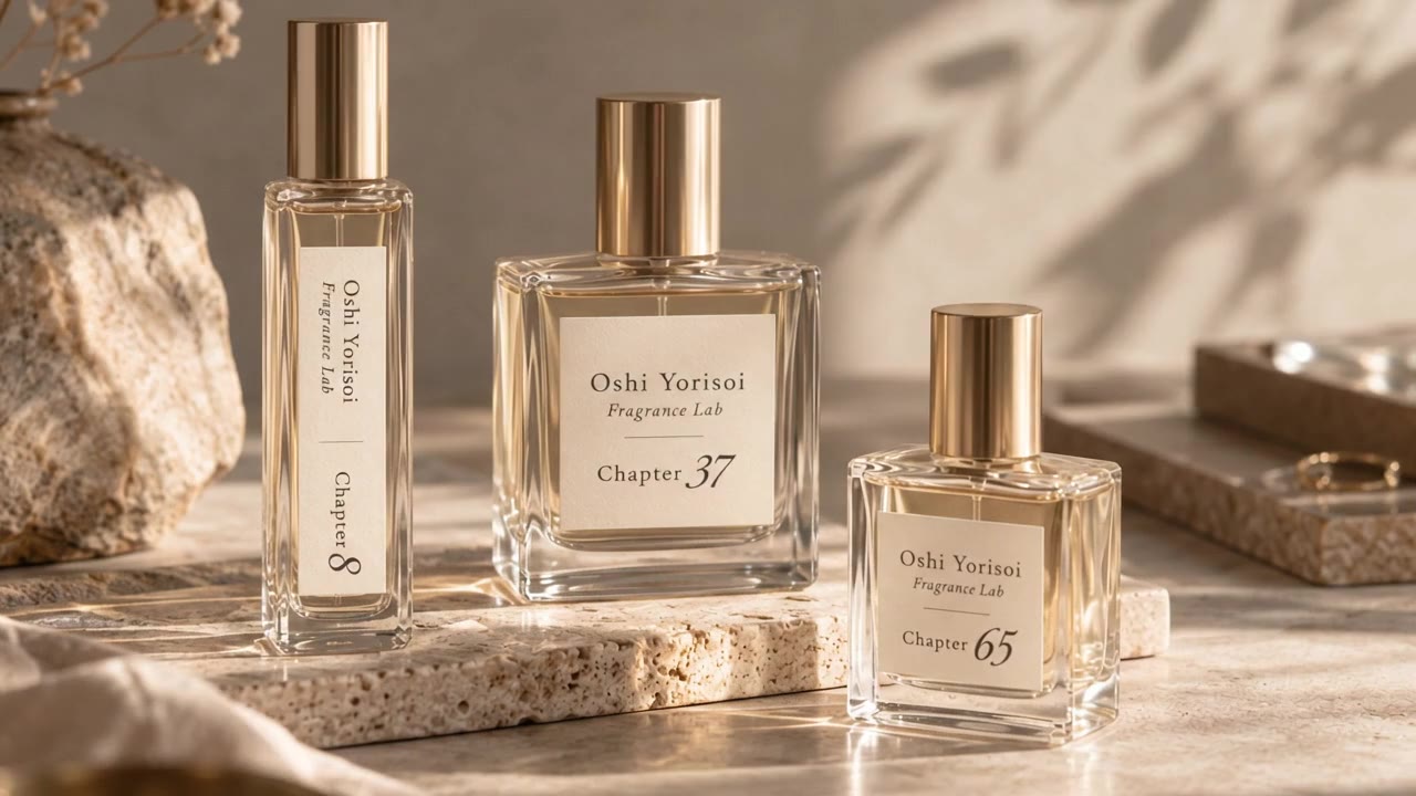 石の台に並んだOshi Yorisoiの香水瓶3本。壁に木の葉の影。